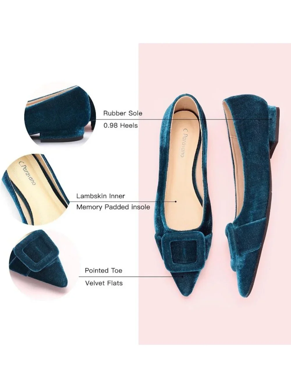 Women's Velvet Peacock Blue Pointed Toe Square Buckle Slip-On Comfortable Shoes